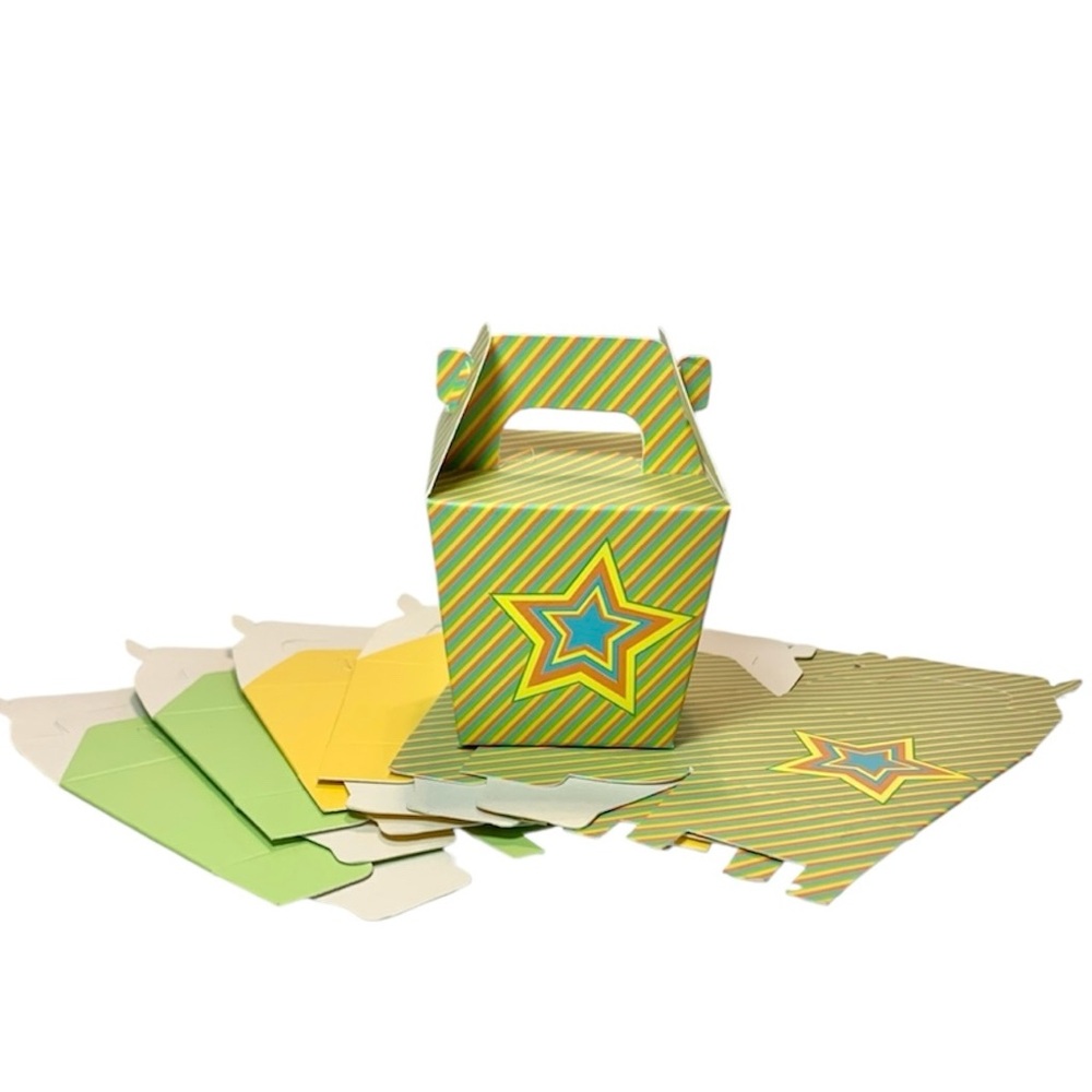Gable Treat Boxes Party Favor, [3 Diagonal Striped Star, 2 Yellow, 2 Green] NEW